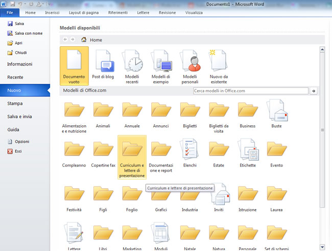 word curriculum, creazione guidata