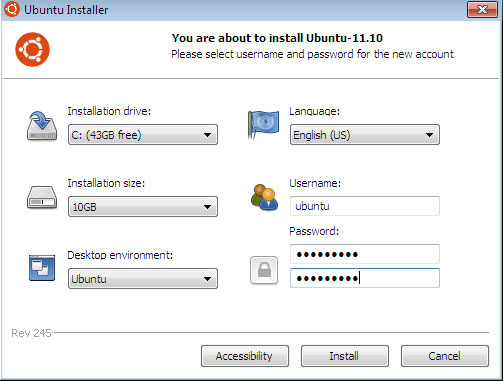Uno dei passaggi per installare Ubuntu tramite l'applicazione wubi